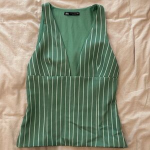 Zara Women's Green and White Striped Tank Top